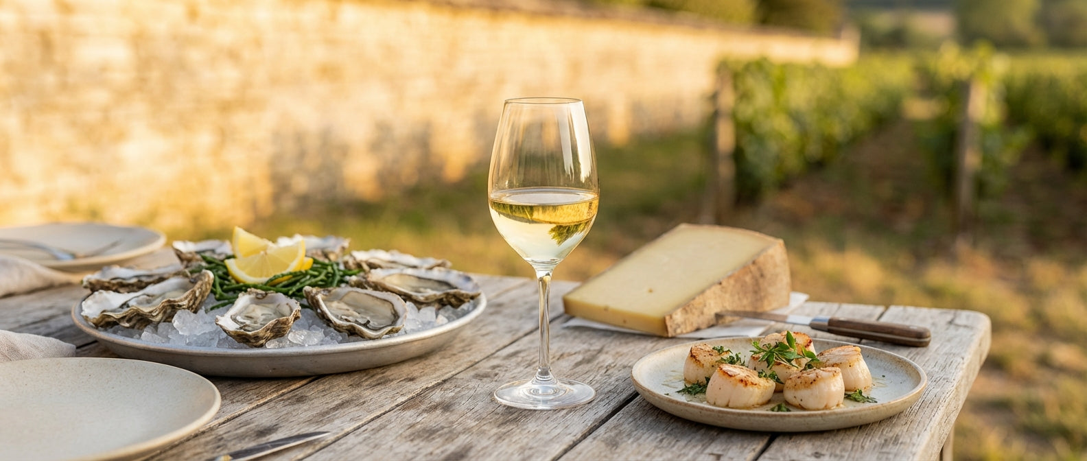 Table dressée avec un verre de Chablis, des huîtres fraîches, des Saint-Jacques poêlées et du Comté, vignoble de Bourgogne en arrière-plan