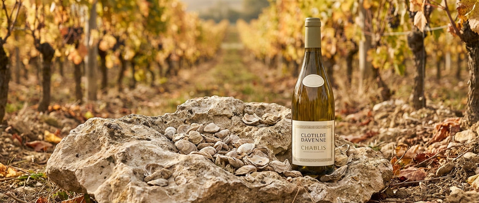 Bouteille de Chablis Clotilde Davenne posée sur une pierre de Kimmeridge dans le vignoble de Chablis en Bourgogne