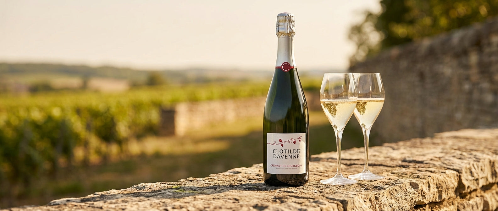 Deux flûtes de vin effervescent avec une bouteille de Crémant de Bourgogne Clotilde Davenne sur table en pierre calcaire